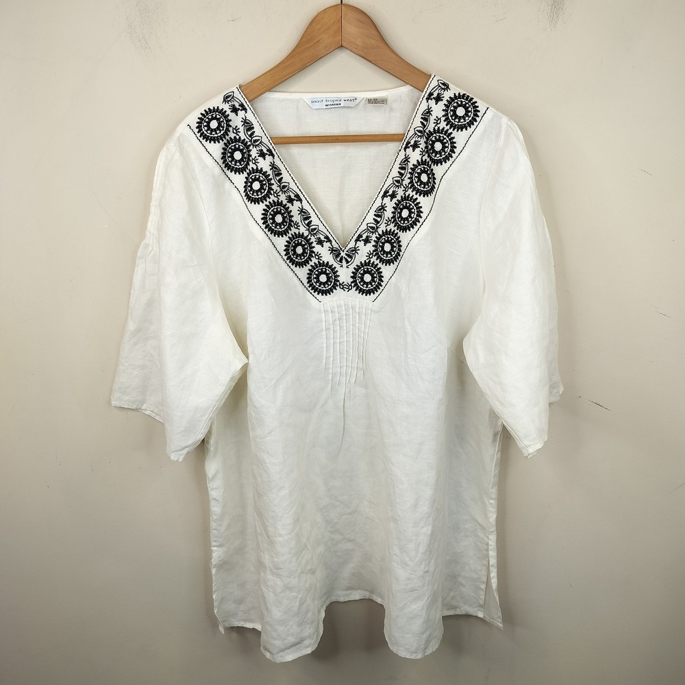 Saint Tropez West Embroidered Linen Tunic Top 3X Beach Boho White Black